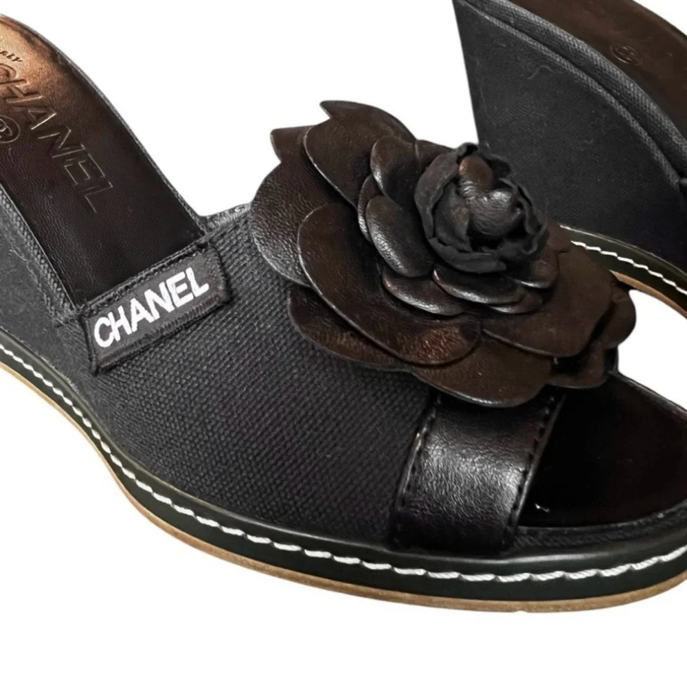 🩷CHANEL Canvas Leather Camellia Slide On Platform Wedge Sandals • BLACK • 36.5EU